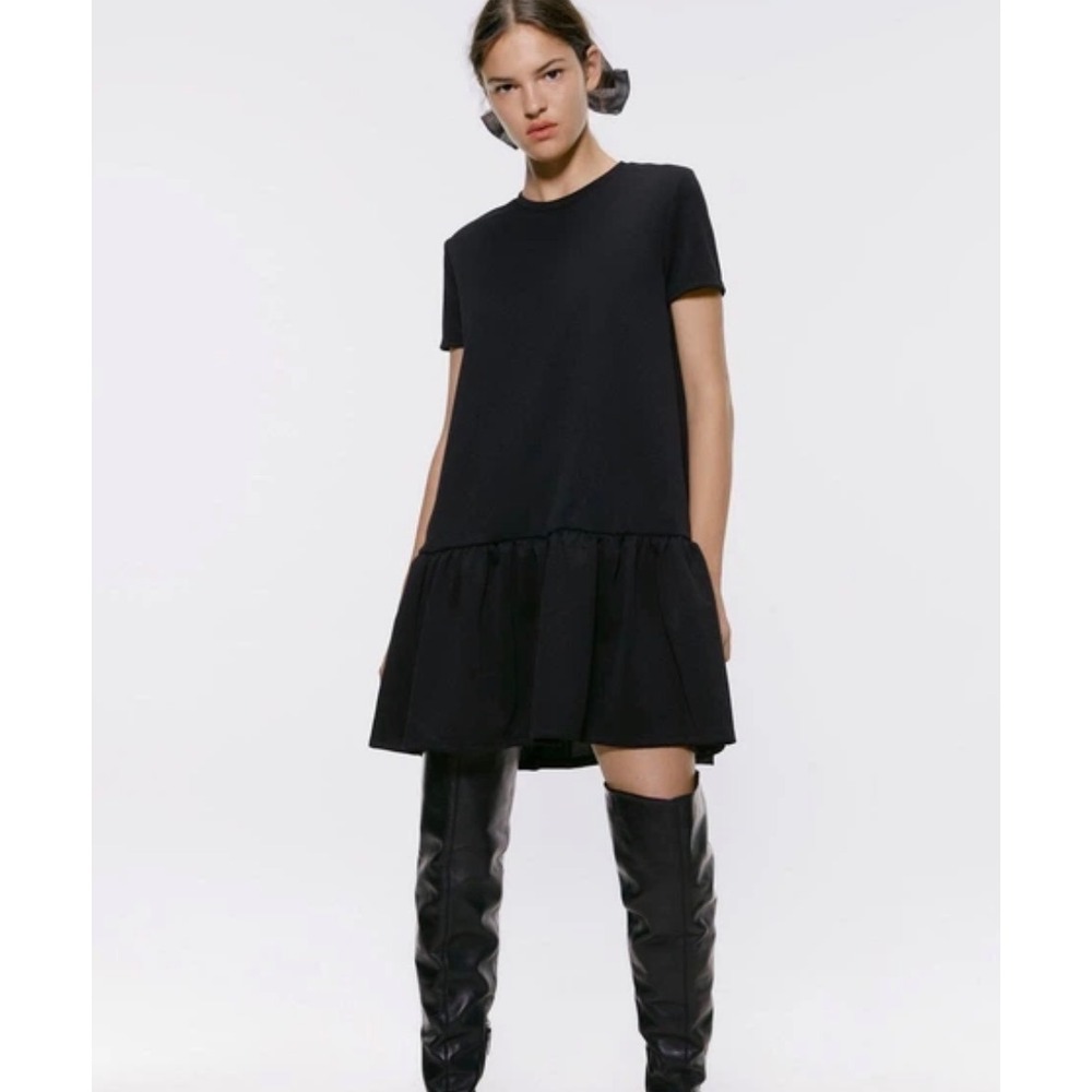 Zara NWT Black Short Sleeve Ruffle Hem Mini Dress Size large